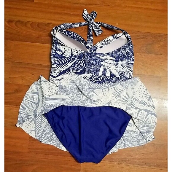 Rose Marie Reid One Piece Swimsuit w Skirt XXL Halter Top Blue White Rouched T36 - Picture 4 of 9